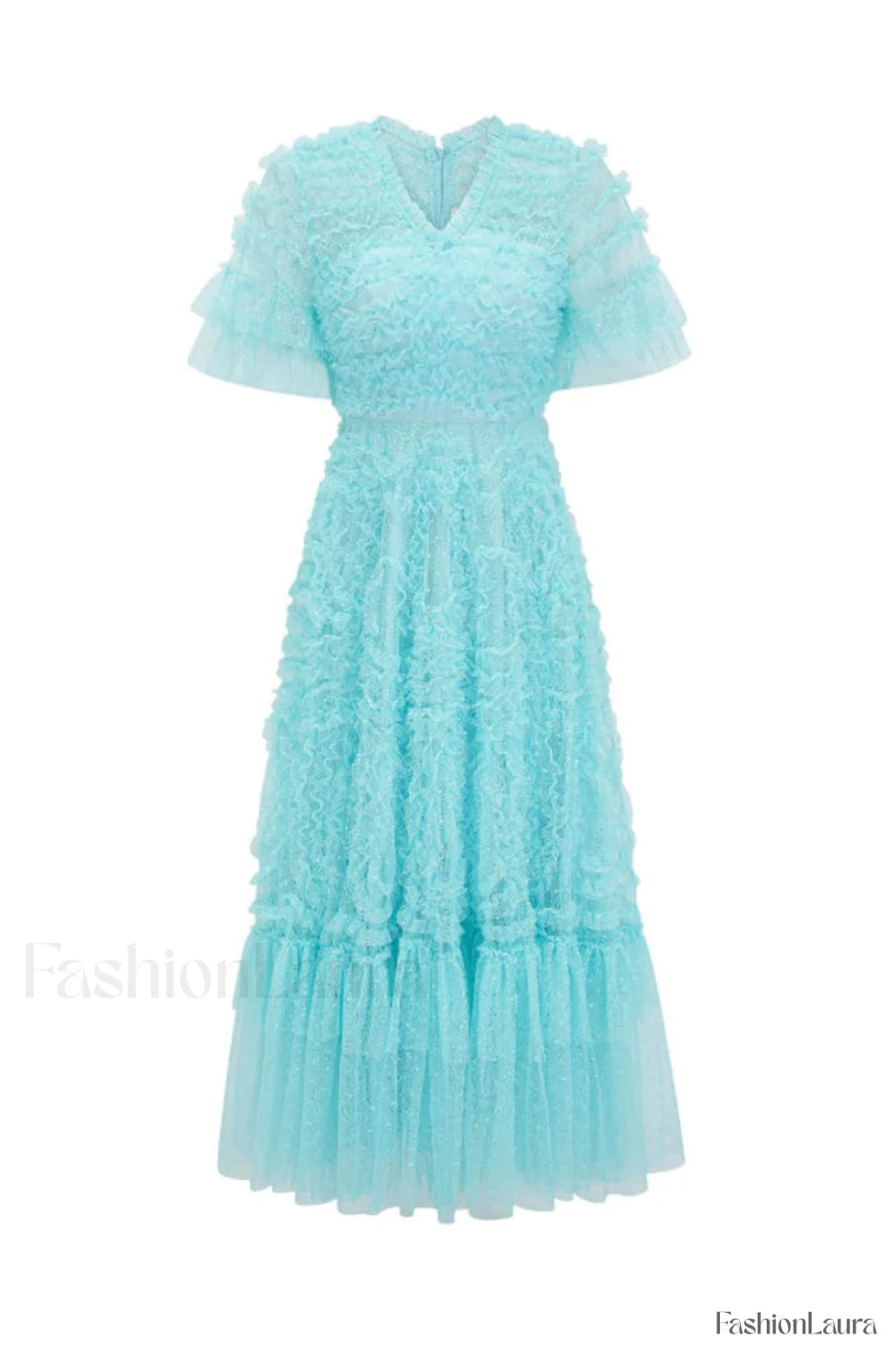 Ruffle Tiered Spotted Charming Tulle Maxi Dress S / Aqua