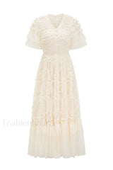 Ruffle Tiered Spotted Charming Tulle Maxi Dress S / Cream