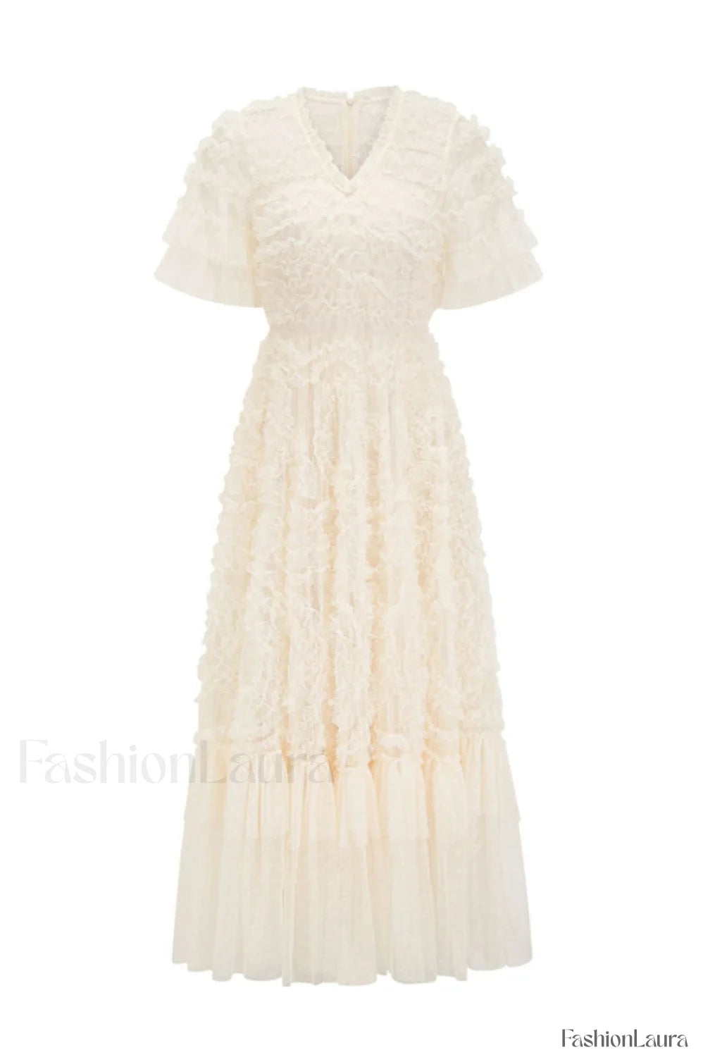 Ruffle Tiered Spotted Charming Tulle Maxi Dress S / Cream