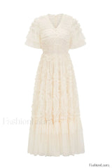 Ruffle Tiered Spotted Charming Tulle Maxi Dress S / Cream