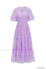 Ruffle Tiered Spotted Charming Tulle Maxi Dress S / Lilac