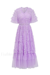 Ruffle Tiered Spotted Charming Tulle Maxi Dress S / Lilac