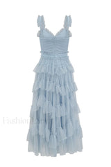 Ruffle V Neck Charming Tiered Tulle Evening Dress