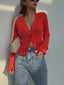 Ruffled Trim Pearl Button Long Sleeve Cardigan Red / XS Cardigans