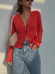 Ruffled Trim Pearl Trendy Button Long Sleeve Cardigan Red / XS Sweaters L