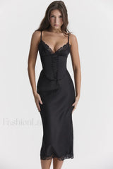 Salma Satin Stylish Slip Midi Dress XS / Black