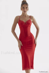 Salma Satin Stylish Slip Midi Dress XS / Red