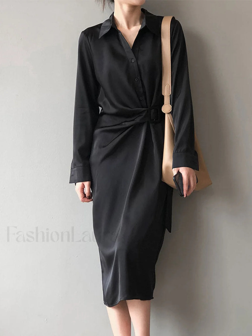 Satin Belted Long Sleeve Shirt Midi Dress Black / S Midi Dresses