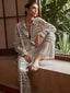 Satin Cactus Print Pants Set Beige / XS Pant Sets