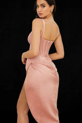 Satin Corset Stylish Midi Dress M / Pink