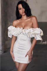 Satin Ruffle Stylish Strapless Dress S / Ivory