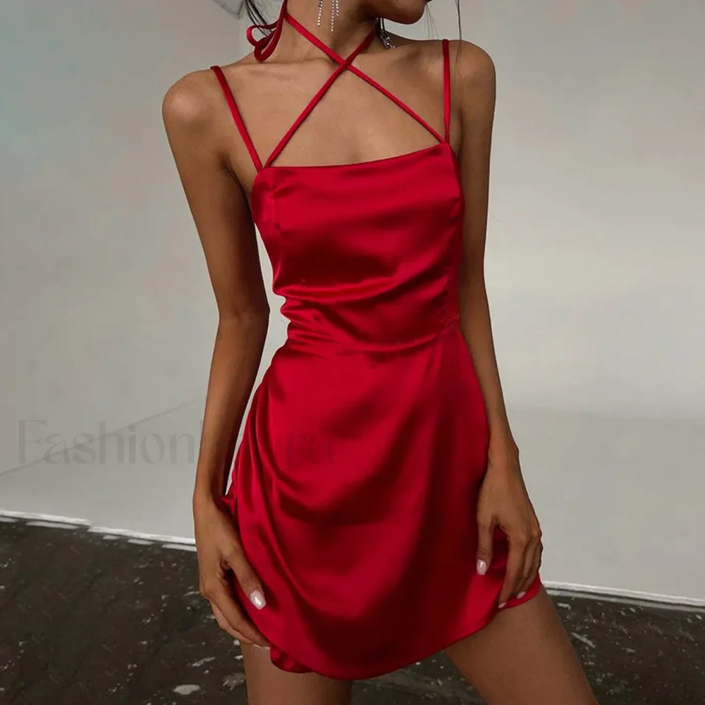 Satin Strap Backless Mini Dress Red / S