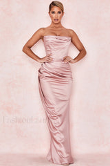 Satin Strapless Stylish Corset Maxi Dress S / Pink