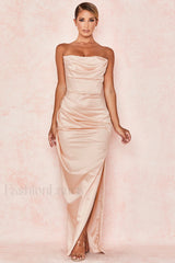 Satin Strapless Stylish Corset Maxi Dress S / Apricot