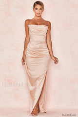 Satin Strapless Stylish Corset Maxi Dress S / Apricot