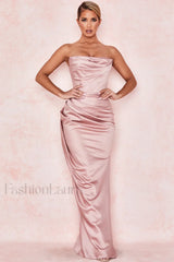 Satin Strapless Stylish Corset Maxi Dress S / Pink