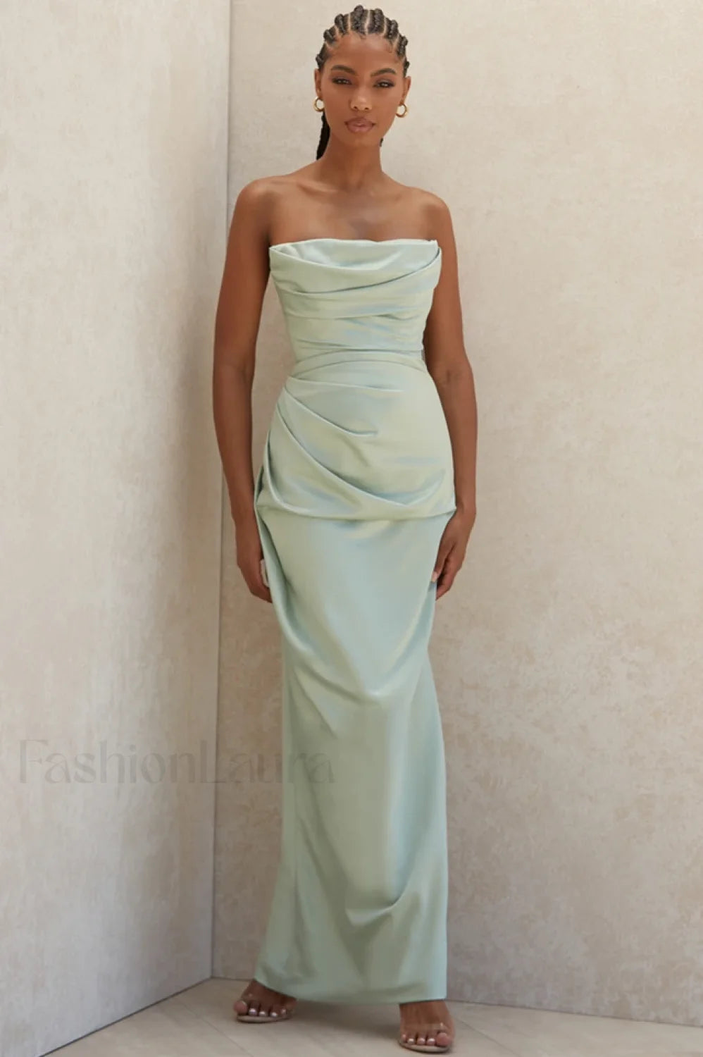 Satin Strapless Stylish Corset Maxi Dress S / Pistachio