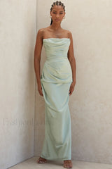 Satin Strapless Stylish Corset Maxi Dress S / Pistachio