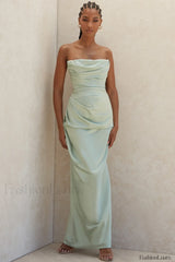 Satin Strapless Stylish Corset Maxi Dress S / Pistachio