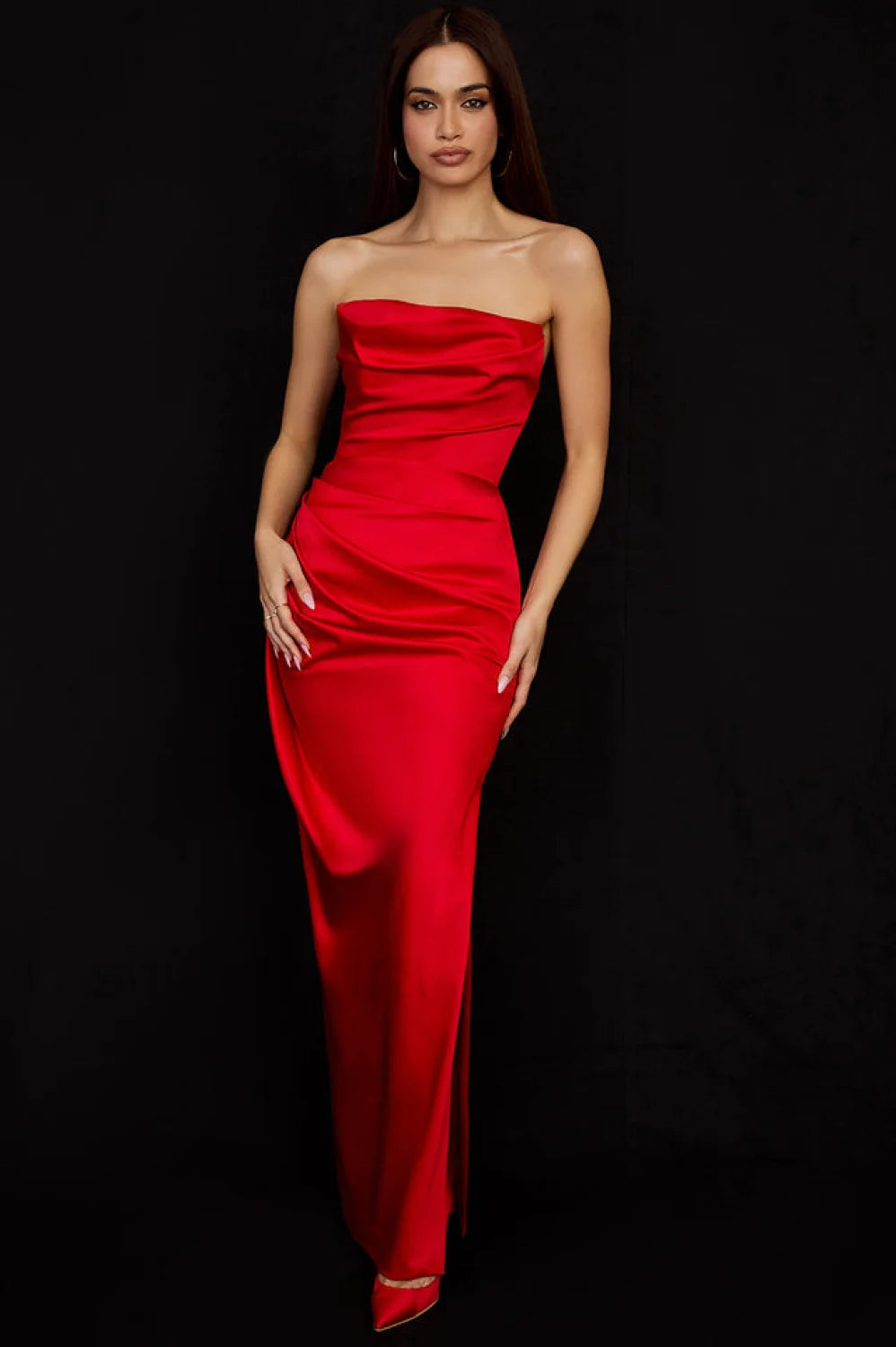 Satin Strapless Stylish Corset Maxi Dress S / Red