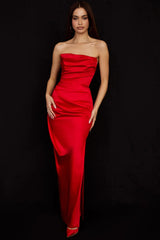 Satin Strapless Stylish Corset Maxi Dress S / Red