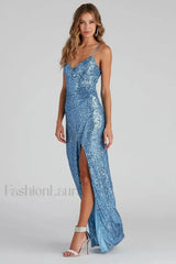 Scaly Sequin Strap Charming Low Back Dress S / Blue