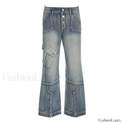 Seamed Pocket Straight Trendy Leg Cargo Jeans Blue / L women clothing