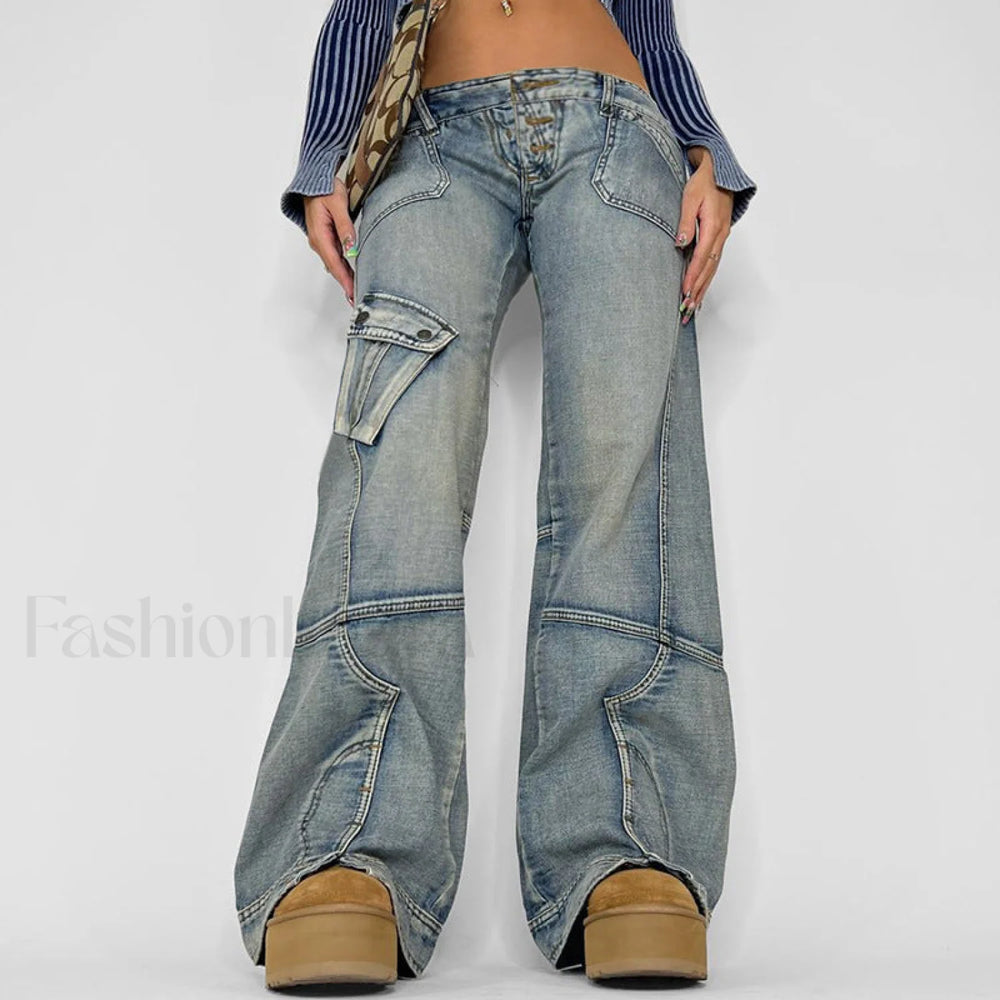 Seamed Pocket Straight Trendy Leg Cargo Jeans women clothing