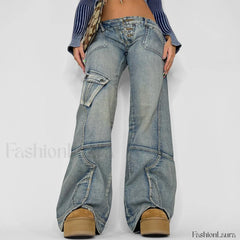 Seamed Pocket Straight Trendy Leg Cargo Jeans women clothing