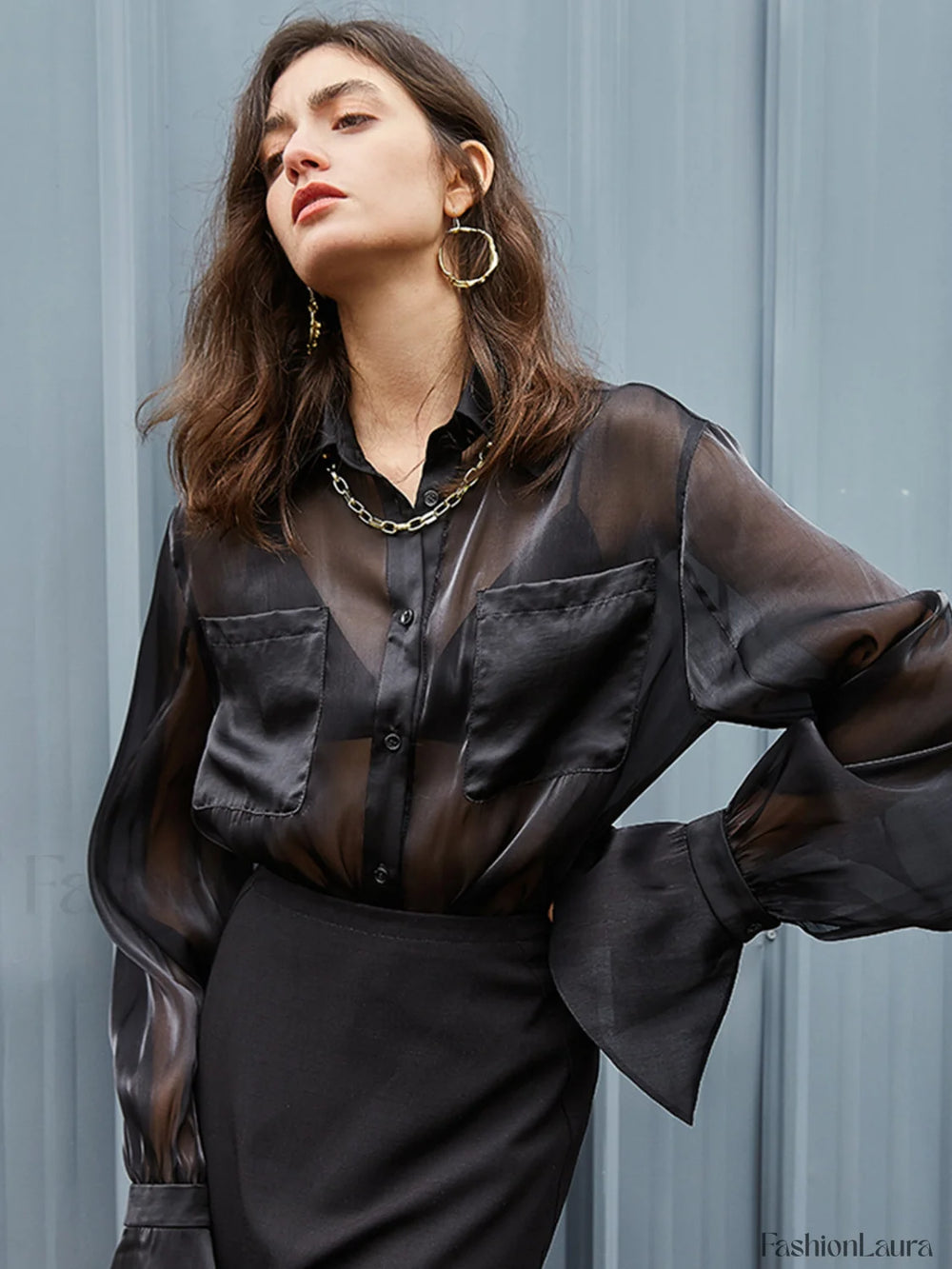 See Through Pocket Trendy Long Sleeve Collar Shirt Black / XS Shirts