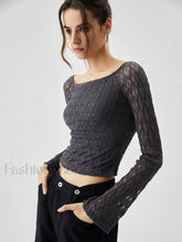 Semi sheer Boat Neck Trendy Mesh Crop Top Grey / S T Shirts