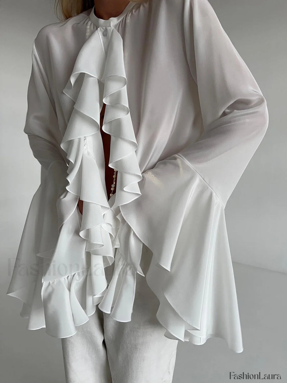 Semi sheer Chiffon Graceful Ruffled Trim Blouse Blouses