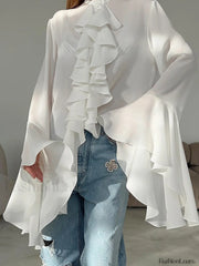 Semi sheer Chiffon Graceful Ruffled Trim Blouse Blouses
