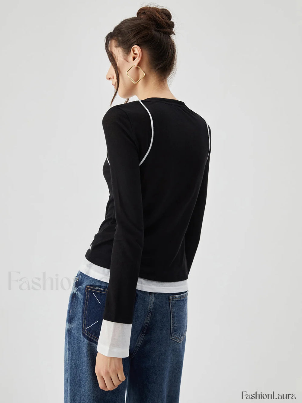 Semi sheer Contrast Trim Patchwork Modern Long Sleeve Knit Top T Shirts