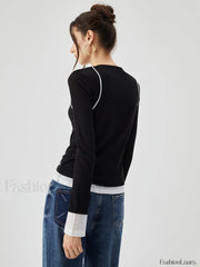Semi sheer Contrast Trim Patchwork Modern Long Sleeve Knit Top T Shirts