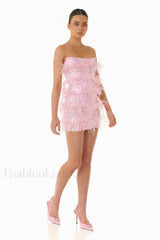 Senara Strapless Sequin Charming Feather Mini Dress