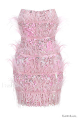 Senara Strapless Sequin Charming Feather Mini Dress