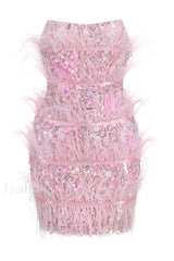 Senara Strapless Sequin Charming Feather Mini Dress