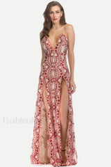 Sequin Slit Glitter Charming Maxi Evening Party Dress S / Red