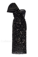Sequined Longuette Stylish Dress With Bow XS / Black