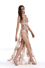 Sequined Sling Stylish Backless Split Dress