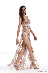 Sequined Sling Stylish Backless Split Dress