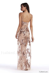 Sequined Sling Stylish Backless Split Dress S / Apricot