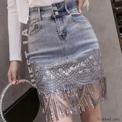 Sequins Patchwork Embroidery Fringe Mini Denim Skirt Light Blue / S