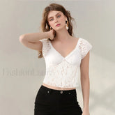 Sexy Cap Sleeve Lace Crop Top T Shirt WHITE / S