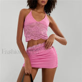 Sexy Lace Halter Backless Crop Top Mini Skirt Two Piece Set