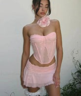 Lace Patchwork Ruched Skirt Set Pink Suit / S