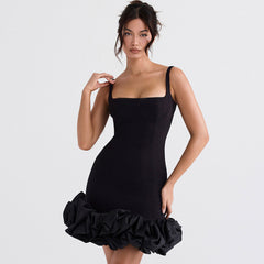 Ruffle Hem Square Neck Sleeveless Bodycon Party Mini Dress Black S / Black Party Dresses L