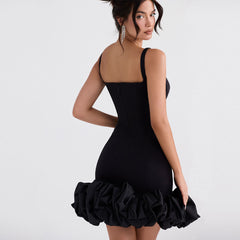 Ruffle Hem Square Neck Sleeveless Bodycon Party Mini Dress Black L / Black Party Dresses L