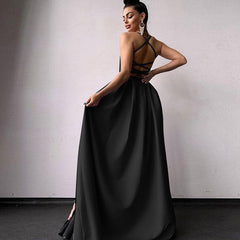 Solid Color High Split Lace Up Back Sleeveless Prom Maxi Dress Black L / Black Formal Dresses